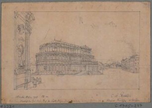 Der erste Bau der Semperoper auf dem Theaterplatz in Dresden (1841 erbaut, 1869 abgebrannt), Blick nach Nordwesten