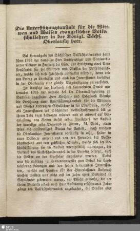 Die Unterstützungsanstalt für die Wittwen und Waisen evangelischer Volksschullehrer in der Königl. Sächs. Oberlausitz betr.