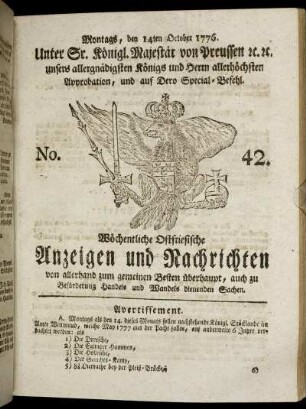 No. 42. Montags, den 14ten October 1776.