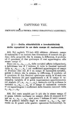 Capitolo VIII. Principii della teoria degli irrazionali algebrici.
