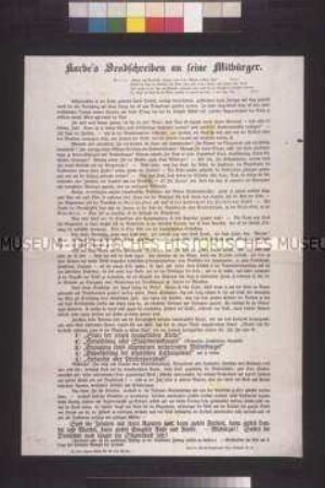 Maueranschlag: Karbes Sendschreiben an seine Mitbürger. Flugschrift von Adolf Karbe gegen die Diffamierung von Volksrednern; 3. September 1848