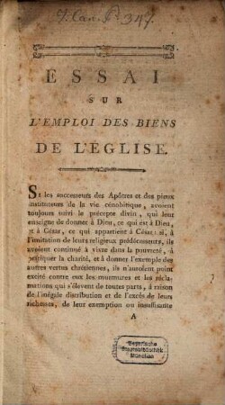 Essai Sur L'Emploi Des Biens De l'Église