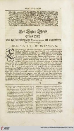 Des Ersten Theils, Erstes Buch: Von den Nuernbergischen Mathematicis und Befoerderern der Mathematique