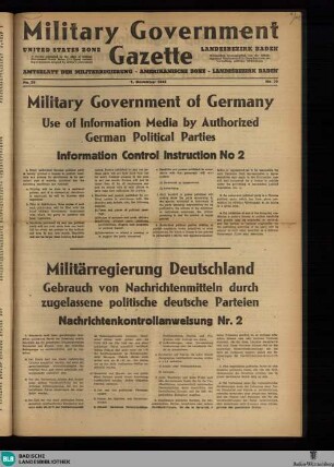 Military Government gazette : a weekly published by the Office of Military Government North Baden (US-Zone) containing of measures adopted by Military Government = Amtsblatt der Militärregierung