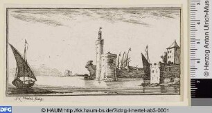 Seelandschaft mit Turm und Segelboot