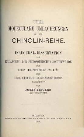 Ueber moleculare Umlagerungen in der Chinolin-Reihe
