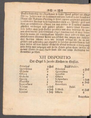 XIII. Dispositio Der Orgel S. Jacobi Kirchen in Goßlar