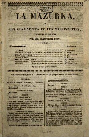 La mazurka ou les clarinettes et les marionnettes : Vaudeville en un acte, par MM. Adolphe et Léon [Lherie, gen. Brunswick]