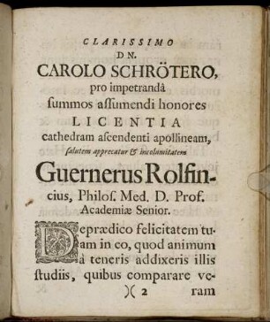 Clarissimo Dn. Carolo Schrötero [...]