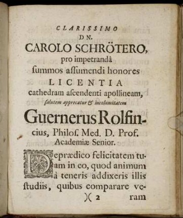 Clarissimo Dn. Carolo Schrötero [...]