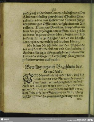 Bewilligung auff Bezahlung des KriegsVolcks