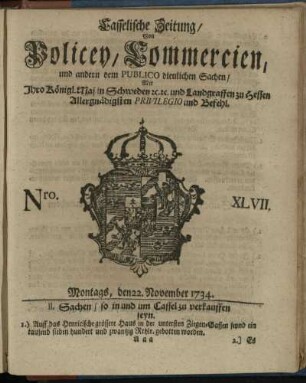 Nro. XLVII, Montags, den 22. November 1734