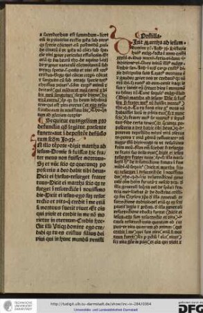 Postilla. Dixit Martha ad Iesum Domine etc., Ioh xi... Ante initium illius evangelii scribit sanctus Iohannes in eodem capitulo quod Cristus dixit discipulis suis Lazarus mortuus est...