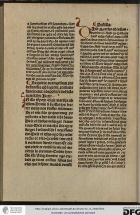 Postilla. Dixit Martha ad Iesum Domine etc., Ioh xi... Ante initium illius evangelii scribit sanctus Iohannes in eodem capitulo quod Cristus dixit discipulis suis Lazarus mortuus est...