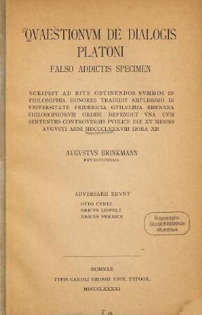 Quaestionum de dialogis Platoni : falso addictis specimen