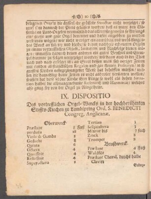 IX. Dispositio Des vortrefflichen Orgel-Wercks in der hochberühmten Stiffts-Kirchen zu Lambspring Ord. S. Benedicti Congreg. Anglicanae