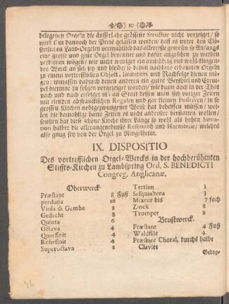 IX. Dispositio Des vortrefflichen Orgel-Wercks in der hochberühmten Stiffts-Kirchen zu Lambspring Ord. S. Benedicti Congreg. Anglicanae