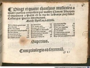 Vingt et quatre chansons musicales a/ quatre parties composees par maistre Clement Jenequin