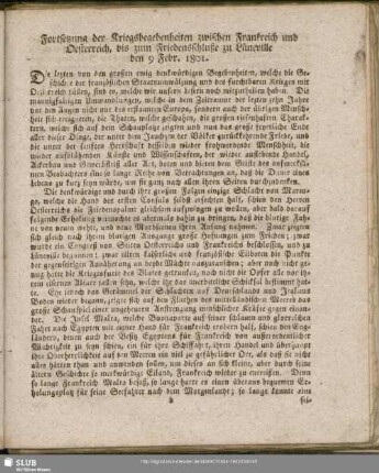 Fortsetzung der Kriegsbegebenheiten zwischen Frankreich und Oesterreich, bis zum Friedensschluße Lunéville den 9. Febr. 1801