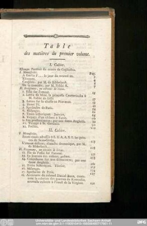 Table des matières du premier volume.