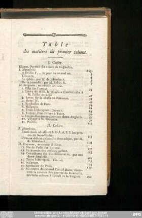 Table des matières du premier volume.
