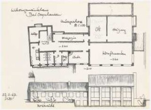 Heilig-Geist-Kirche, Bad Oeynhausen Gemeindehaus: Ansicht Süd/Ost, Nord/West 1:100 (Lichtpause von Inv.Nr. 38005)