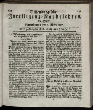 IX. Stück. Sonnabends: den 1. März 1777.