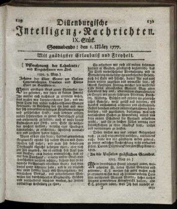 IX. Stück. Sonnabends: den 1. März 1777.