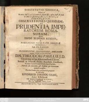 Dissertatio Iuridica Sistens ... Observationes Quasdam, De Prudentia Imperatorum Romanorum