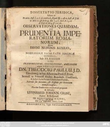 Dissertatio Iuridica Sistens ... Observationes Quasdam, De Prudentia Imperatorum Romanorum