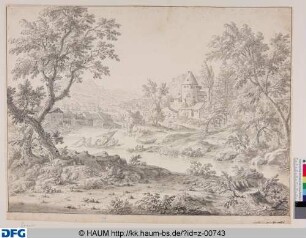 Flußlandschaft mit Mühlen und Fischern