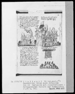 Jean de Mandeville, Reise nach Jerusalem — Textseite mit vier Illustrationen, Folio 24recto