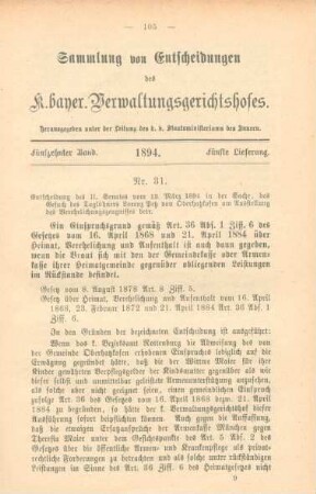 Fünfzehnter Band. 1894. Fünfte Lieferung. - Nr. 31. - Nr. 35.