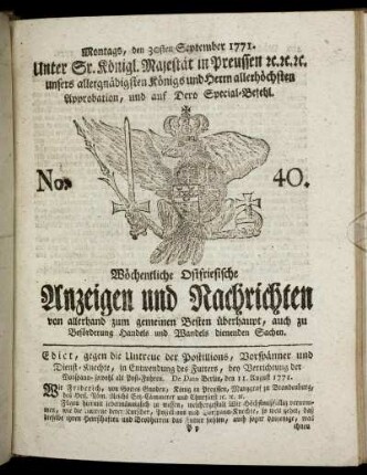 No. 40. Montags, den 30sten September 1771.