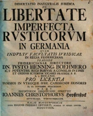 Dissertatio Inavgvralis Ivridica De Libertate Imperfecta Rvsticorvm In Germania