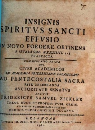 Insignis spiritvs sancti effvsio in novo foedere obtinens a Iesaia cap. XXXXIIII. 2-5 praedicta : commentatio prima ...