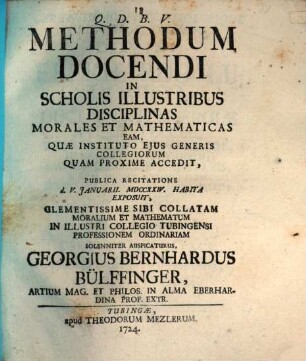 Methodum docendi in scholis illustribus disciplinas morales et mathematicas