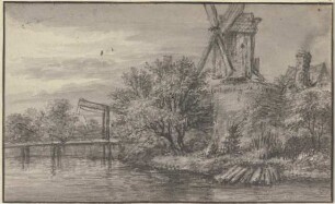 Windmühle an einem Kanal, über welchen eine Zugbrücke führt