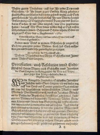 Protestation/ auch Resolution unnd Endtschluß des Herren Meyers/ auch Schöpffen unnd Inwohner der Statt Langren ...