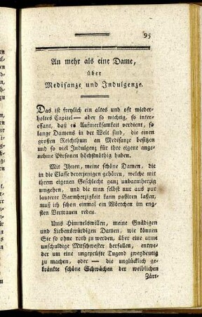 An mehr als eine Dame über Medisanze und Indulgenze.