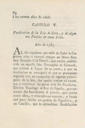 Capitulo V. Pacification de la Isla de Zebù, y de algunos Pueblos de otras Islas