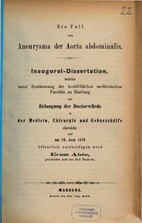 Ein Fall von Aneurysma der Aorta abdominalis : Inaugural-Dissertation