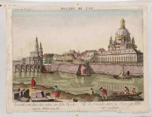 Dresden, Stadtansicht der Altstadt über die Elbe vom Neustädter Ufer mit Augustusbrücke, Hofkirche, Brühlscher Terrasse und Frauenkirche, seitenverkehrtes Guckkastenbild