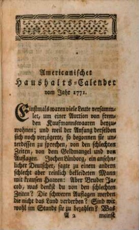 Merkwürdiger Americanischer Haushaltungs Calender : eingerichtet auf die itzige Zeiten