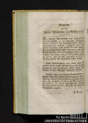 Nachricht an die Herren Abbonenten [!] und Buchhändler.