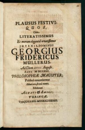 1-4, Plausus Festivi, Quos, Cùm Literatissimus Et morum elegantiâ...