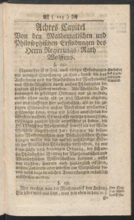 Achtes Capitel Von den Mathematischen und Philosophischen Erfindungen des Herrn Regierungs-Rath Wollfens