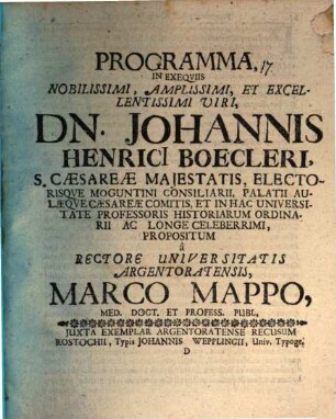 Programma in exequiis ... Johannis Henrici Boecleri, S. Caesareae Maiestatis Consiliarii