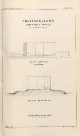 Plate B. Puliyankulama. Entrance Porch. Front elevation. Section through AB