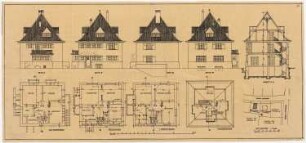 Wohnhaus Hauser, Solln: Lageplan 1:1000, 4 Ansichten, Querschnitt, Grundrisse KG, EG, OG, DG